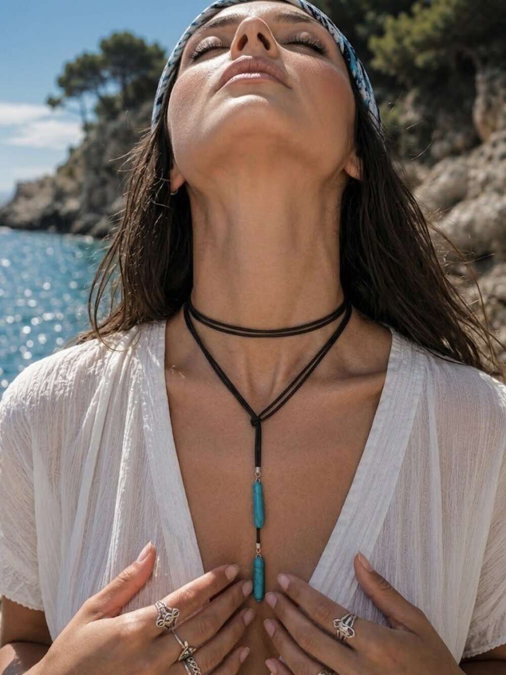 Black Suede Wrap Lariat Choker Necklace Turquoise Spike Bolo Western 66" Boho